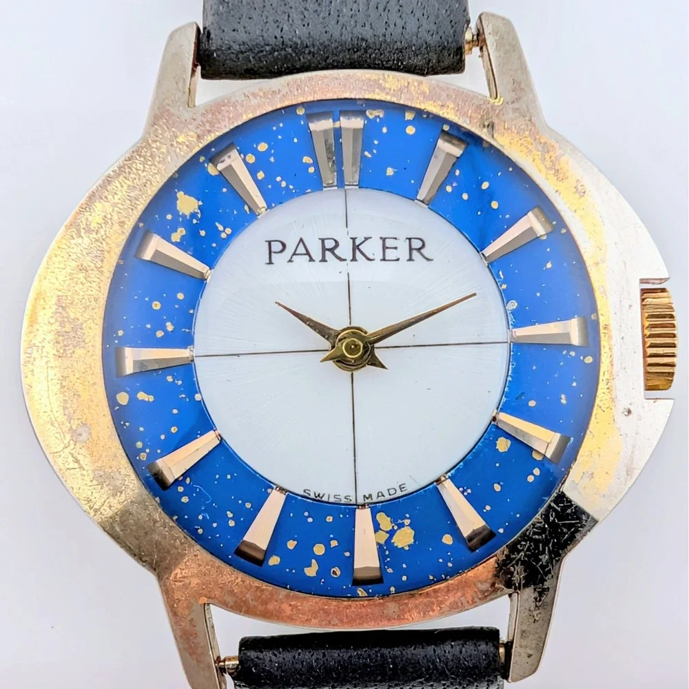 Vintage Parker Swiss Made Manual Wind Mid Century Blue Gold Fleck Watch 31mm